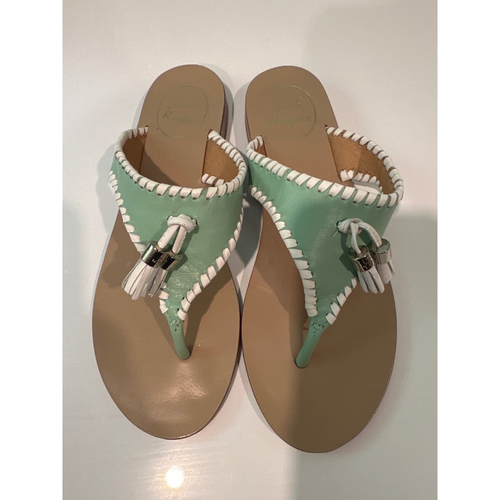 Jack Rogers Mint Green Leather Whipstitch Tassel Sandals Womens 7M Flat Thong